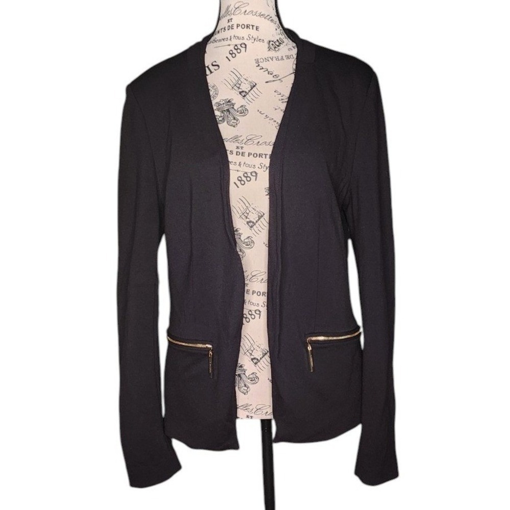 T Tahari Womens Black Tailored Blazer Size 10 Gold Zip Pockets Career Workwear